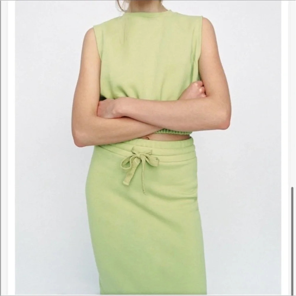 ZARA Lime Green Drawstring Fleece Sweater Midi Pencil Skirt. NWOT